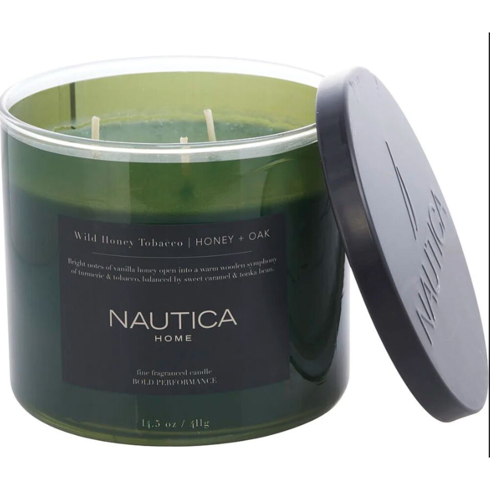Nautica Scented Candle Honey Tobacco Soy Wax Blend 3-Wick Jar Slow Burn Large - Picture 2 of 3